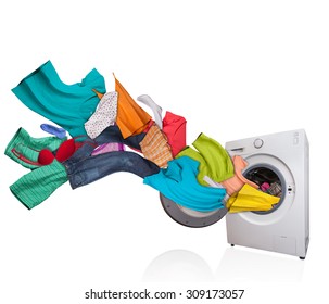 Colored Laundry Flying From Washing Machine, Isolated On White Background