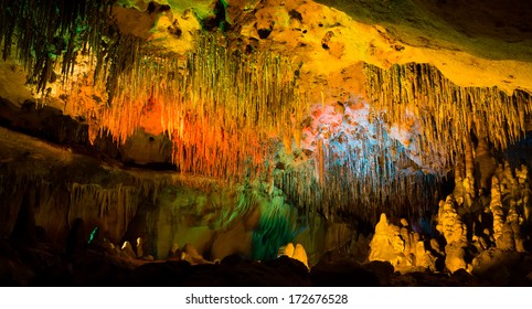 Colored Lights In  The Cave At Florida Caverns State Park 