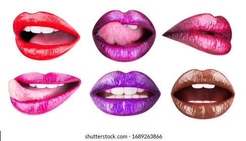 Colored lip, lipstick or lipgloss, sexy. Collection open mouth. Bright female lips collection isolated on white background. Set of womens lips with glossy lipsticks. Multicolored lip, tongue sexy.