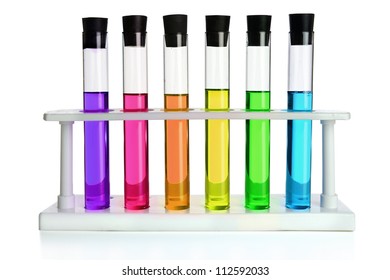 Colored liquids in six test tubes isolated over white background