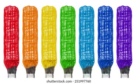 Colored paint brushes and stroke set, rainbow isolated on white
