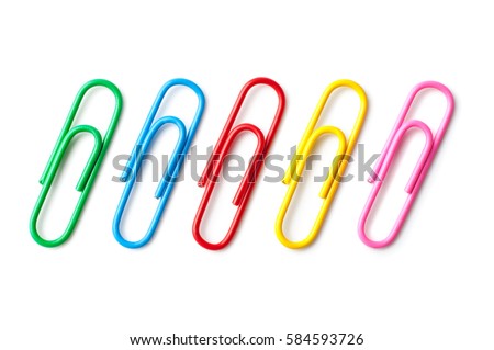 Colored paper clips close-up on a white background