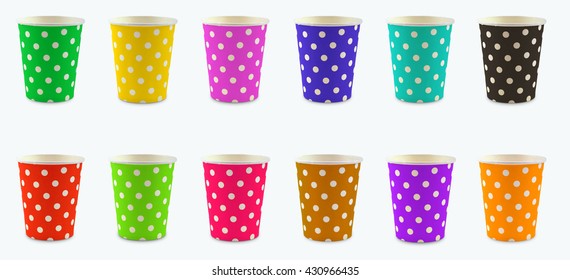 Colored paper cups green, yellow, purple, blue, blue, black, red, green, pink, brown, purple with white polka dots. - Powered by Shutterstock