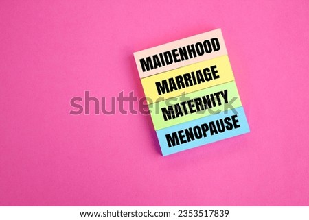 colored paper with the words Maidenhood, Marriage, Maternity, Menopause. The Four Epochs of Woman's Life.