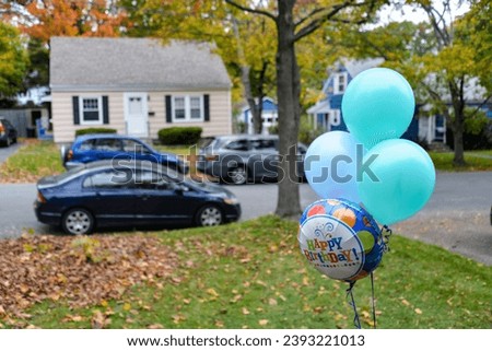 Colored party balloon outside an American house. Decoration