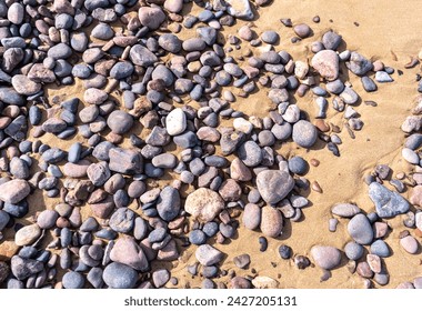 Colored Pebble Beach Texture Background, Sand and Rocky Pattern, Red Morocco Beach, African Coast, Pebble and Sand Mockup, Stone Shoreline, Copy Space - Powered by Shutterstock