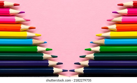 Colored Pencils Background. Abstract Background From Multi-colored Pencil. Flat Lay