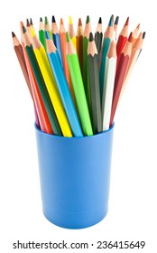 Colored Pencils In A Blue Cup Isolated On White Background