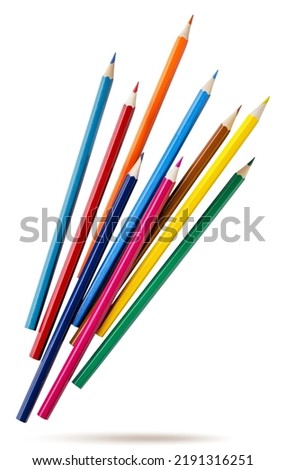 Colored pencils fly on a white background. Isolated