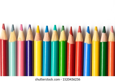 Colored Pencils On White Background With Room For Text Art Teacher Project School Days Back To School Supplies Office Supplies College Draw Class Room Kids Drawing Artist Pencils Sharp Up Close Macro 