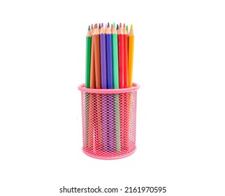 Colored Pencils In Pencil Box Isolated On White Background.