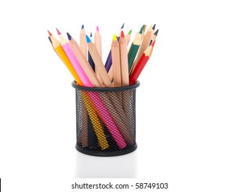 Colored Pencils In Pot Isolated