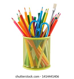 Colored pencils and various colorful stationery for school in a metal holder or cup. Isolated on white. - Powered by Shutterstock