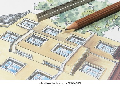 Colored plan of residential building, pencil, ruler
