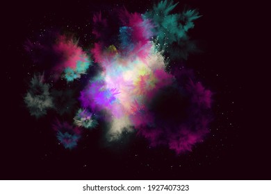Colored powder explosion. Abstract closeup dust on black background. 