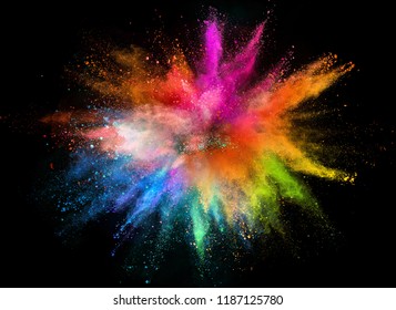 Colored Powder Explosion On Black Background. Freeze Motion.