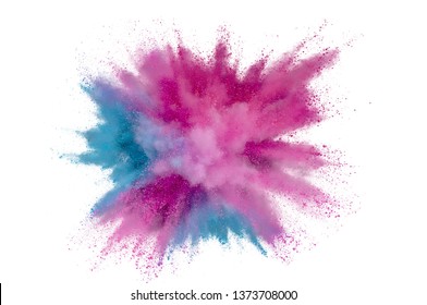 Colored powder explosion on white background. Abstract closeup dust on backdrop. Colorful explode. Paint holi