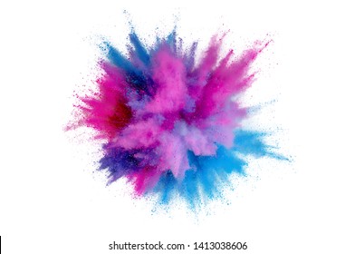 Colored Powder Explosion On A White Background. Abstract Closeup Dust On Backdrop. Colorful Explode. Paint Holi