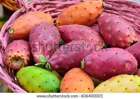 Colored prickly pear in a basket. 