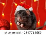 Colored rat on a red background. Mouse among Christmas balls. Pet in a Santa hat. Bokeh from blinking yellow lights of a festive garland. New Year concept.