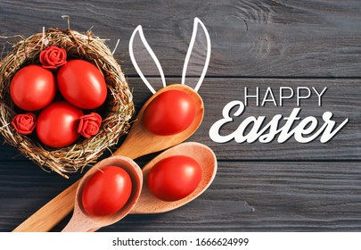 Colored Red Easter Eggs In Nest Top View Background, Selective Focus Image. Happy Easter Card