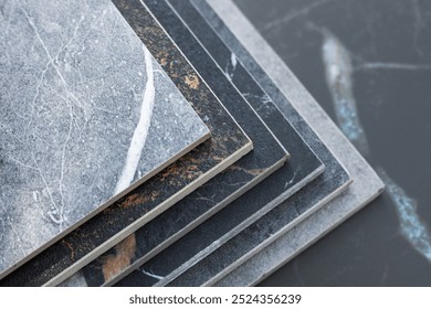 Colored samples of ceramic tiles for kitchen or bathroom interior material design of house, floor, porcelain stoneware.