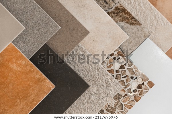 Colored\
samples of ceramic tiles for kitchen or bathroom interior material\
design of house, floor, porcelain\
stoneware.
