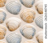 Colored Seashells Minimal Pattern on beige, oceanic and sea life decor, aesthetic summer background with beige blue conchs, shell of mollusks, creative still life, nature abstract, nautical style 