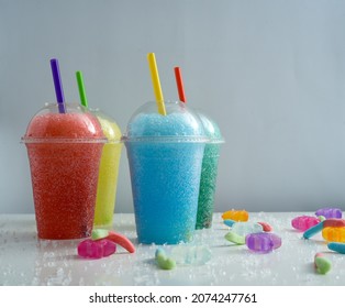Colored slushies, with ice and gummies