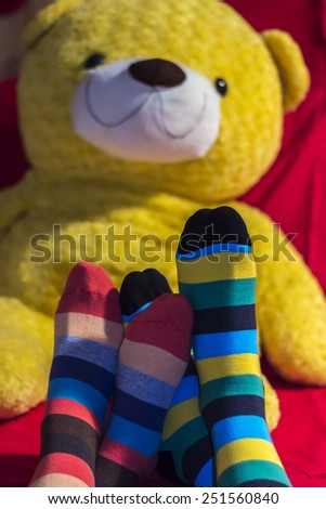 Colored socks on Valentine couple feet with a teddy bear on background 
