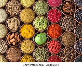 Colored Spice Background. Spices And Herbs Top View