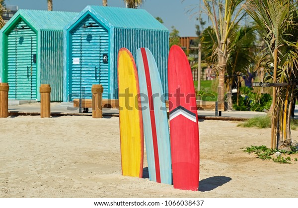 Colored Surfboards Beach Bathing Cabins Dubai Stock Photo Edit