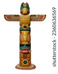 Colored totems Wooden objects symbolize plants that represent clans, families. Totem Pole Native American Southwestern Style Large Figurine Wood isolated on white background with clipping path.