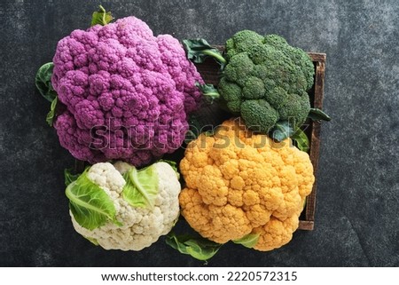 Colorfu cauliflower. Various sort of cauliflower on old dark gray concrete background. Purple, yellow, white and green color cabbages. Broccoli and Romanesco. Agricultural harvest. Mock up.