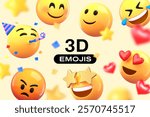 Colorful 3D emojis with various expressions like joy, love, and surprise. Emojis with stars, hearts, and party themes. Fun and vibrant 3D emoji designs. Element icons collection set.