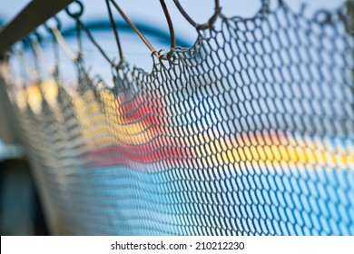 Colorful Abstract Background. Blurred Safety Net At A Swimming Pool. 