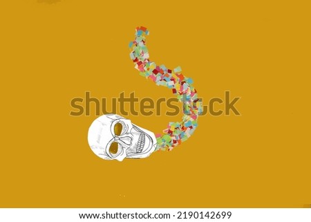 colorful abstract body and skull head, creative art design on yellow background