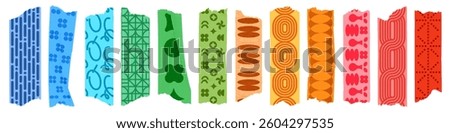 Colorful abstract patterns on torn paper strips. Patterns include geometric shapes, circles, and lines. Bright colors and abstract designs create a vibrant look. Washi tape element isolated on white.