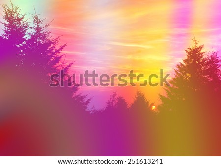 A colorful abstract psychedelic background of silhouette coniferous trees.