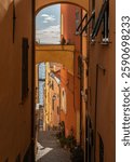 Colorful alley in Cervo, an historic small village in Liguria Region and popular tourist destination, Italy