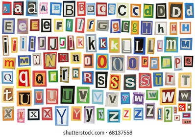 Colorful alphabet made of magazine clippings and letters . Isolated on white. - Shutterstock ID 68137558