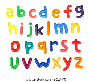 Colorful alphabet made from plasticine (isolated on white).  All letters are in lower case. Use it to make your own message
