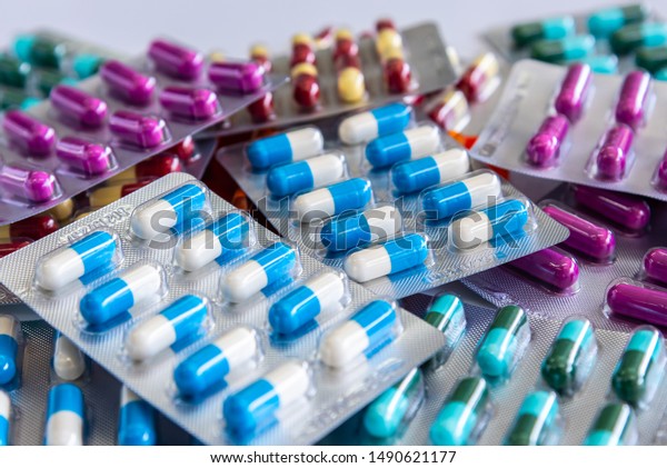 Colorful Antibiotic Drug Capsule Pills Blister Stock Photo 1490621177
