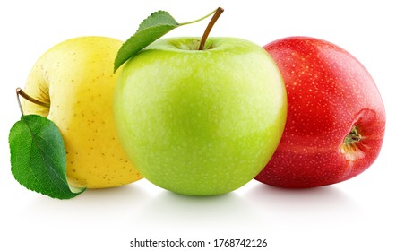 Colorful apples with leaves isolated on white background. Red, green, yellow apples with clipping path. Full Depth of Field