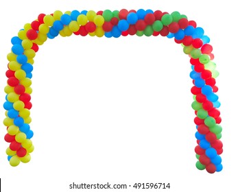 Colorful Arch Of Red Blue Yellow Green Balloons Isolated Over White Background