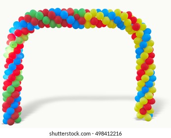 Colorful Arch Of Red Blue Yellow Green Balloons Isolated Over White Background