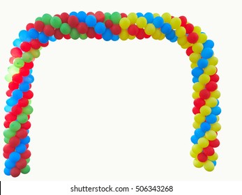 Colorful Arch Of Red Blue Yellow Green Balloons Isolated Over White Background