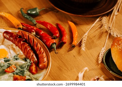 Colorful array of breakfast items with spices and sausages arranged on wooden table