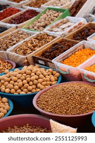 Colorful array of spices nuts and dried fruits at a bustling market in Turkey