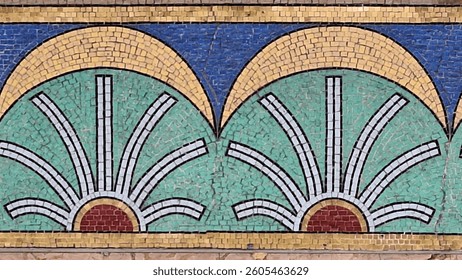 Colorful Art Deco mosaic with stylized sunburst and fan motifs in teal, gold, blue and red, ideal for vintage design backgrounds, architecture details or decorative interior concepts.